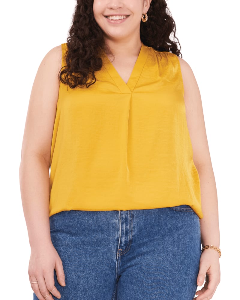 Front of a model wearing a size 1X Elena Sleeveless Blouse in Mosaic Mustard by Vince Camuto. | dia_product_style_image_id:261597